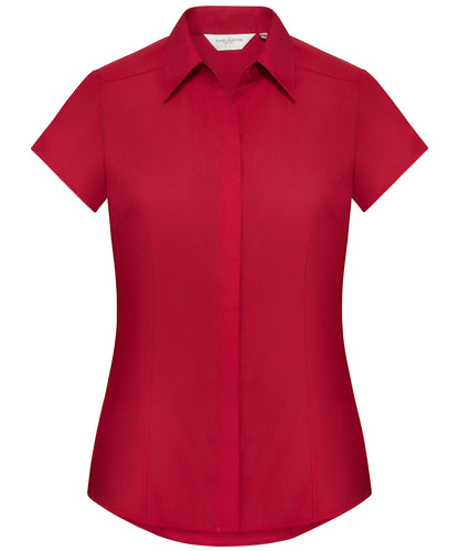 Tryck din logga på Skjortor från Russell Collection - Anpassa Damskjorta i polycotton easycare figursydd poplin med cap sleeve i färgen Mellan röd för företag, föreningar och privatpersoner