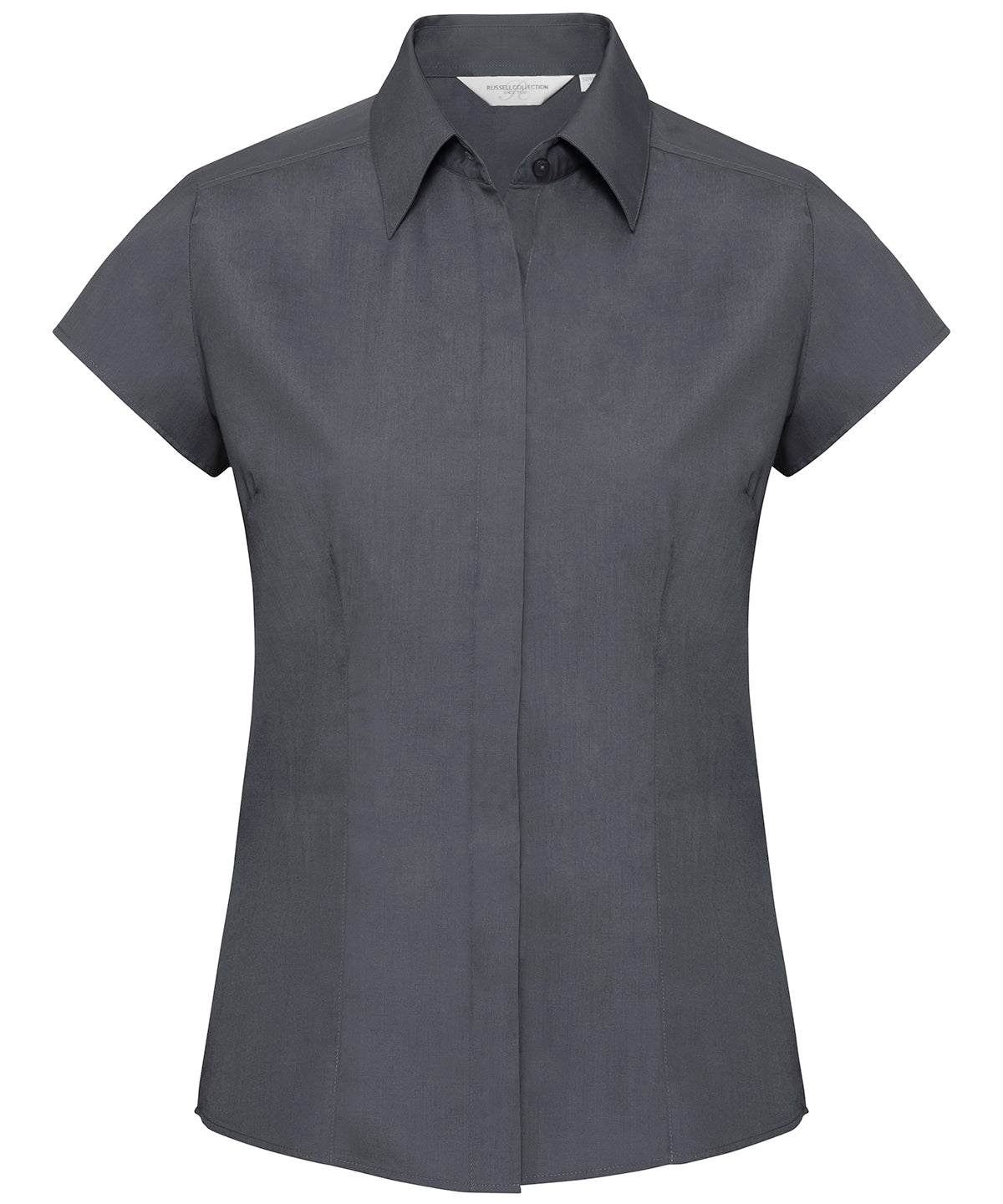 Tryck din logga på Skjortor från Russell Collection - Anpassa Damskjorta i polycotton easycare figursydd poplin med cap sleeve i färgen Mörkgrå för företag, föreningar och privatpersoner
