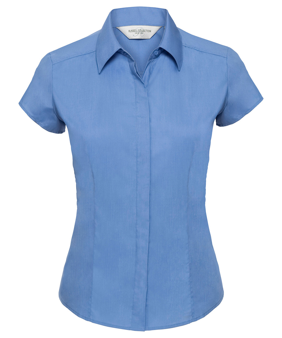 Tryck din logga på Skjortor från Russell Collection - Anpassa Damskjorta i polycotton easycare figursydd poplin med cap sleeve i färgen Mellanblå för företag, föreningar och privatpersoner