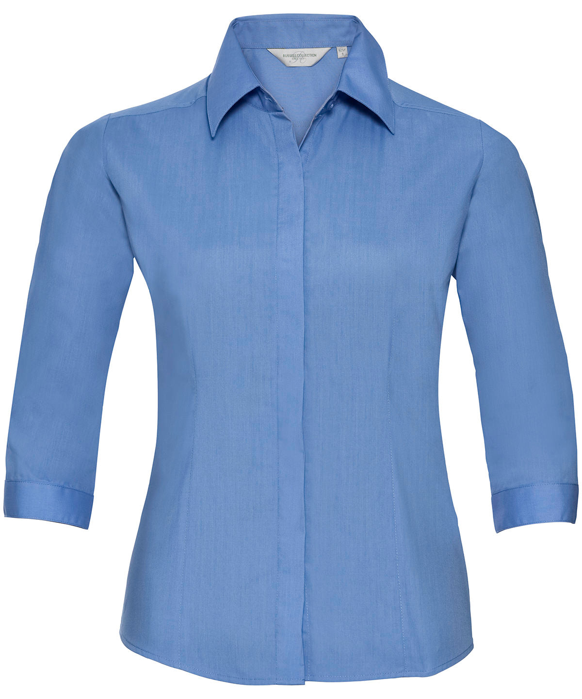 Tryck din logga på Skjortor från Russell Collection - Anpassa Dam ärm polycotton easycare figursydd poplinskjorta i färgen Mellanblå för företag, föreningar och privatpersoner