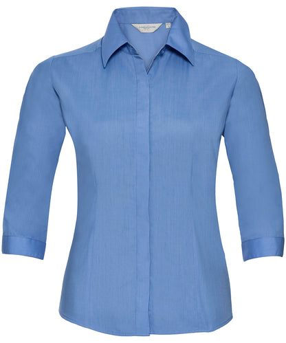 Tryck din logga på Skjortor från Russell Collection - Anpassa Dam ärm polycotton easycare figursydd poplinskjorta i färgen Mellanblå för företag, föreningar och privatpersoner