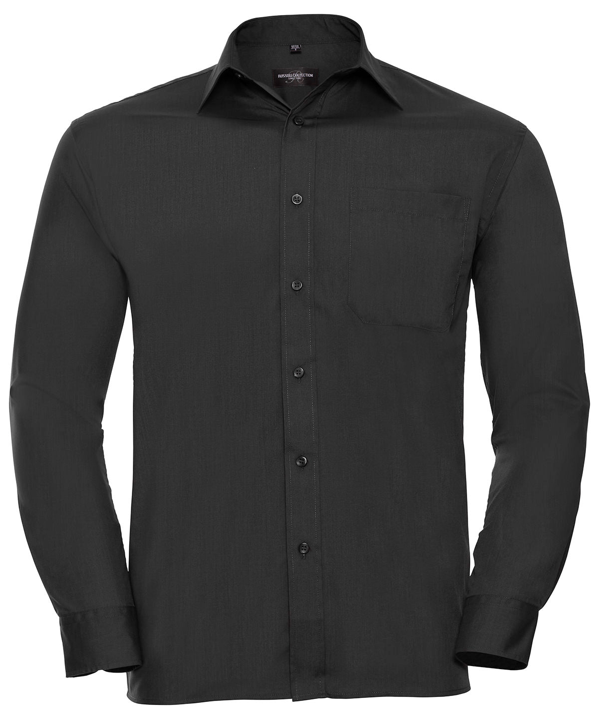 Tryck din logga på Skjortor från Russell Collection - Anpassa Långärmad poplinskjorta i lättskött polycotton i färgen Svart för företag, föreningar och privatpersoner
