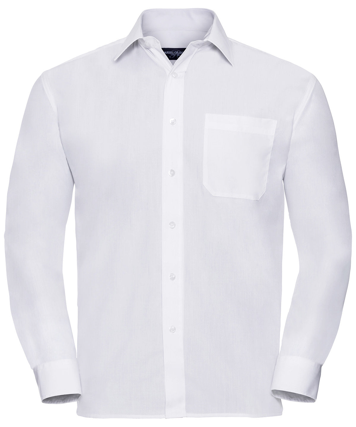 Tryck din logga på Skjortor från Russell Collection - Anpassa Långärmad poplinskjorta i lättskött polycotton i färgen Vit för företag, föreningar och privatpersoner