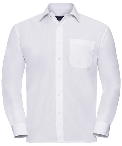 Tryck din logga på Skjortor från Russell Collection - Anpassa Långärmad poplinskjorta i lättskött polycotton i färgen Vit för företag, föreningar och privatpersoner