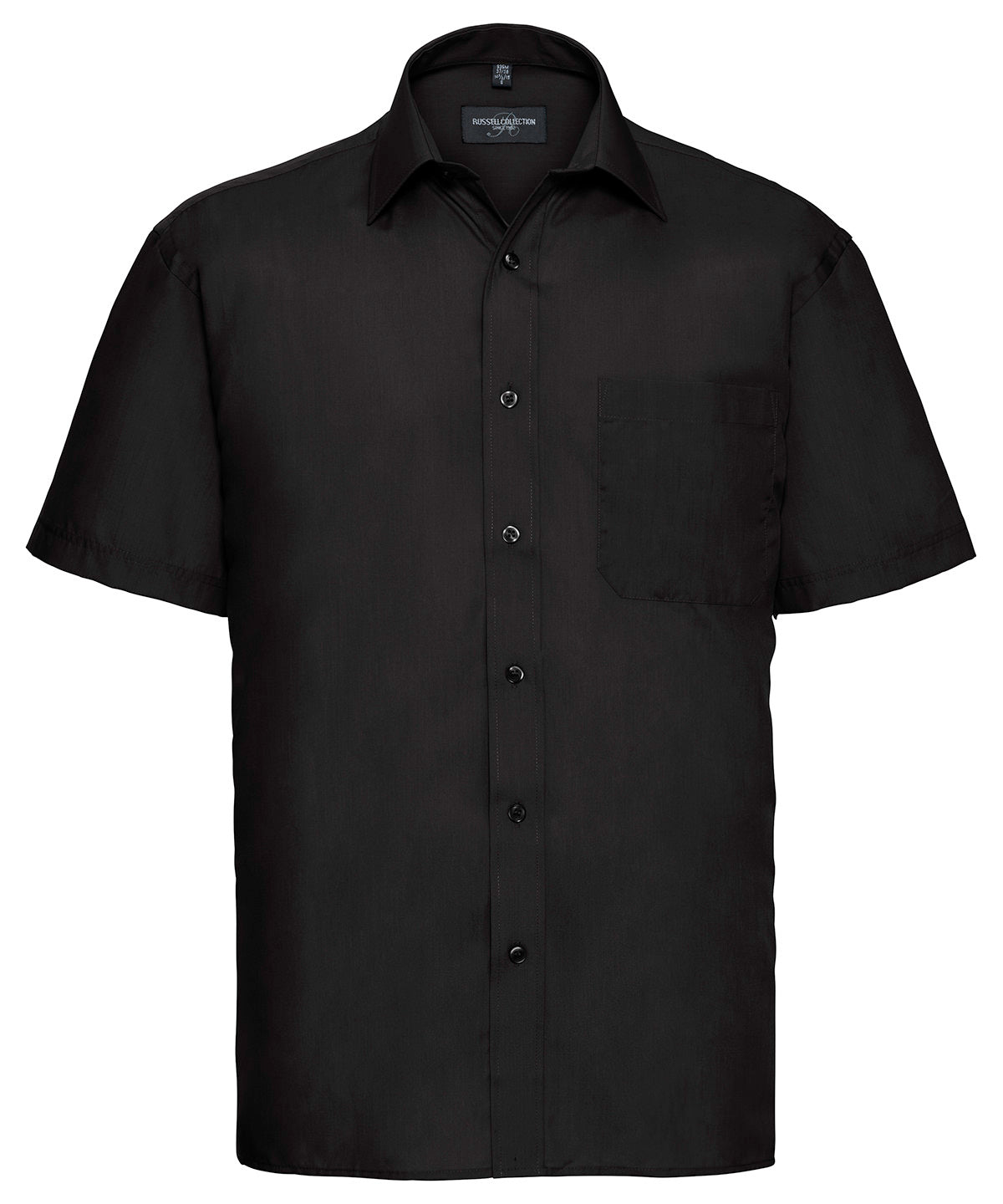 Tryck din logga på Skjortor från Russell Collection - Anpassa Kortärmad poplinskjorta i lättskött polycotton i färgen Svart för företag, föreningar och privatpersoner