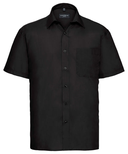 Tryck din logga på Skjortor från Russell Collection - Anpassa Kortärmad poplinskjorta i lättskött polycotton i färgen Svart för företag, föreningar och privatpersoner