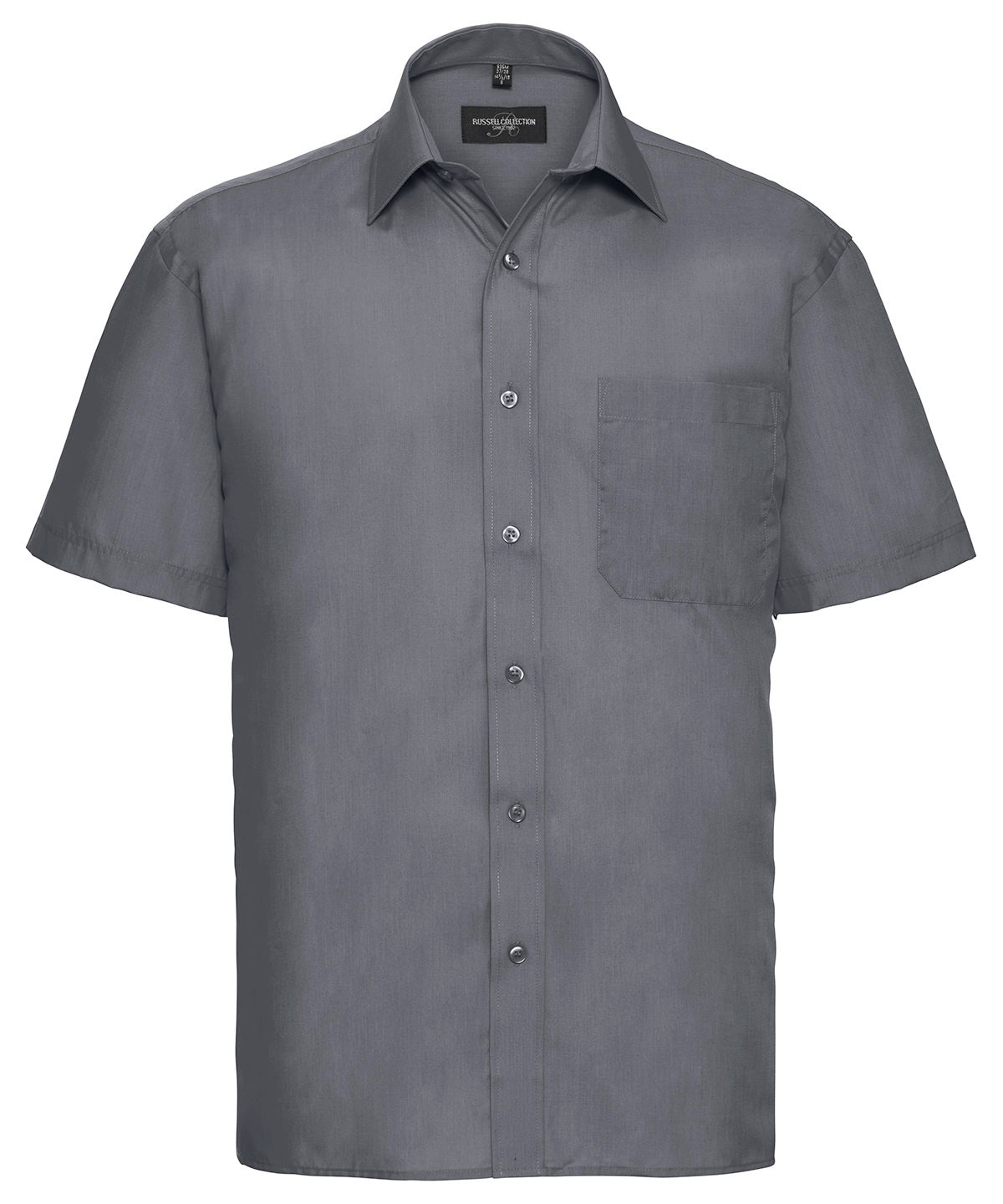 Tryck din logga på Skjortor från Russell Collection - Anpassa Kortärmad poplinskjorta i lättskött polycotton i färgen Mörkgrå för företag, föreningar och privatpersoner