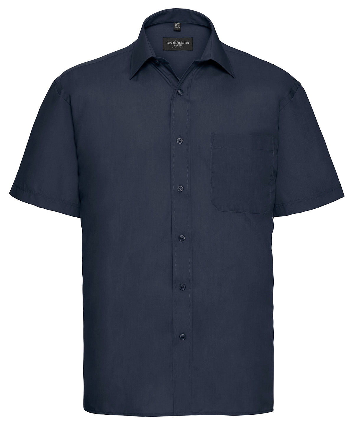 Tryck din logga på Skjortor från Russell Collection - Anpassa Kortärmad poplinskjorta i lättskött polycotton i färgen Marinblå för företag, föreningar och privatpersoner
