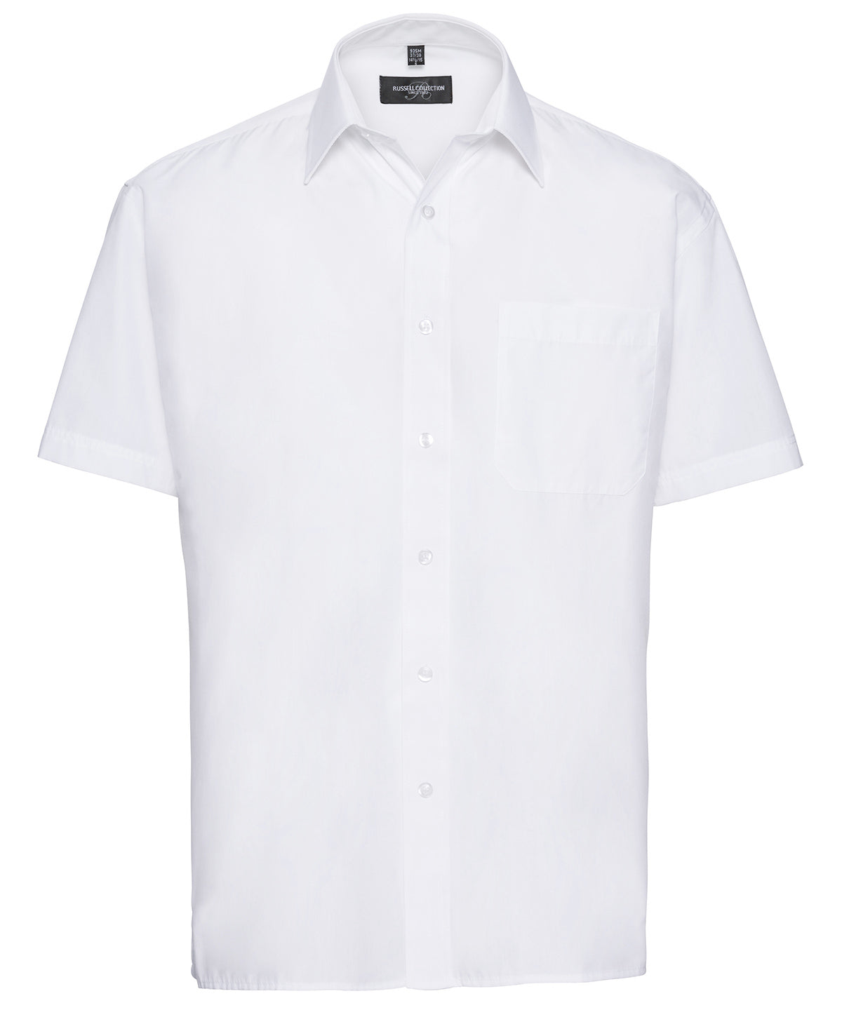 Tryck din logga på Skjortor från Russell Collection - Anpassa Kortärmad poplinskjorta i lättskött polycotton i färgen Vit för företag, föreningar och privatpersoner