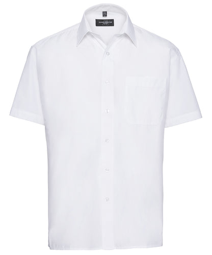 Tryck din logga på Skjortor från Russell Collection - Anpassa Kortärmad poplinskjorta i lättskött polycotton i färgen Vit för företag, föreningar och privatpersoner
