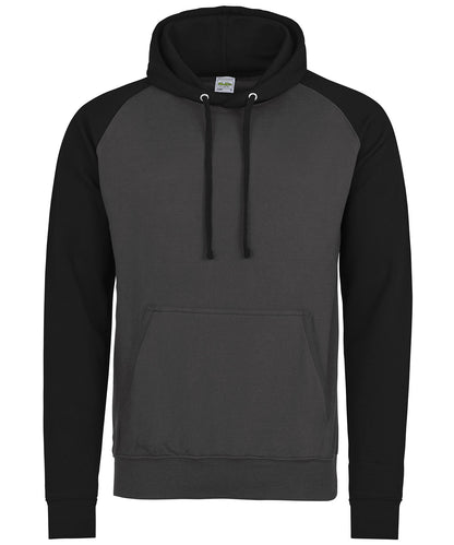 Tryck din logga på Hoodies från AWDis Just Hoods - Anpassa AWDis Just Hoods - Basebolltröja med Hoodie i färgen Mörkgrå för företag, föreningar och privatpersoner