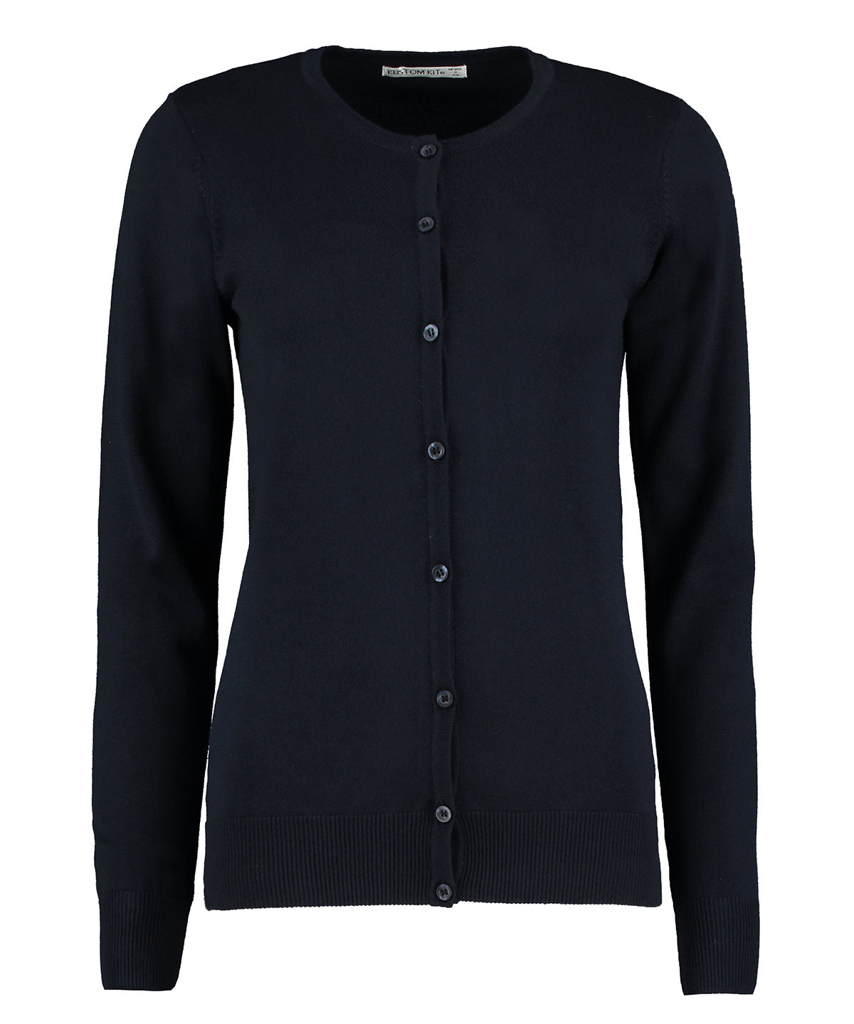 Tryck din logga på Koftor från Kustom Kit - Anpassa Dam Arundel crew neck cardigan långärmad i färgen Marinblå för företag, föreningar och privatpersoner