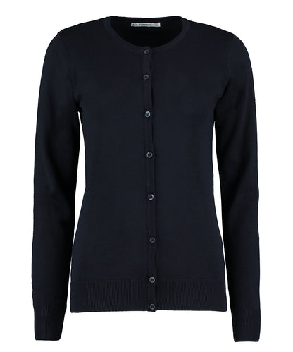 Tryck din logga på Koftor från Kustom Kit - Anpassa Dam Arundel crew neck cardigan långärmad i färgen Marinblå för företag, föreningar och privatpersoner
