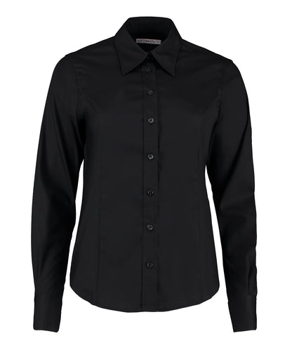 Tryck din logga på Blusar från Kustom Kit - Anpassa Oxfordblus för dam med lång ärm i färgen Svart för företag, föreningar och privatpersoner