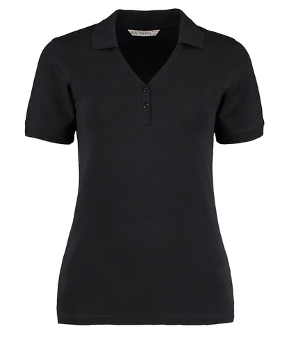 Tryck din logga på Piké från Kustom Kit - Anpassa Sophia V-neck Polo i färgen Svart för företag, föreningar och privatpersoner
