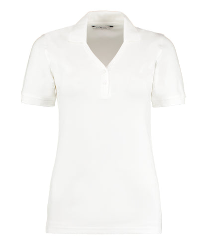Tryck din logga på Piké från Kustom Kit - Anpassa Sophia V-neck Polo i färgen Vit för företag, föreningar och privatpersoner