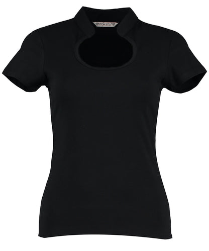 Tryck din logga på T-shirts från Kustom Kit - Anpassa Women's Keyhole Neck Top i färgen Svart för företag, föreningar och privatpersoner