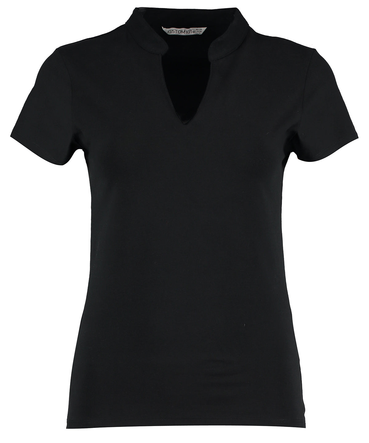 Tryck din logga på T-shirts från Kustom Kit - Anpassa Women's Short-Sleeve Corporate V-Neck Collar Top i färgen Svart för företag, föreningar och privatpersoner