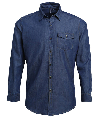 Tryck din logga på Skjortor från Premier - Anpassa Jeansskjorta i denim med stygn i färgen Mellanblå för företag, föreningar och privatpersoner
