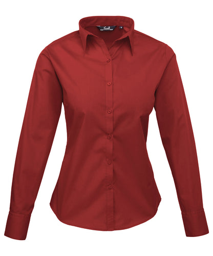 Tryck din logga på Blusar från Premier - Anpassa Långärmad blus i poplin för damer i färgen Burgundy Wom 6 för företag, föreningar och privatpersoner