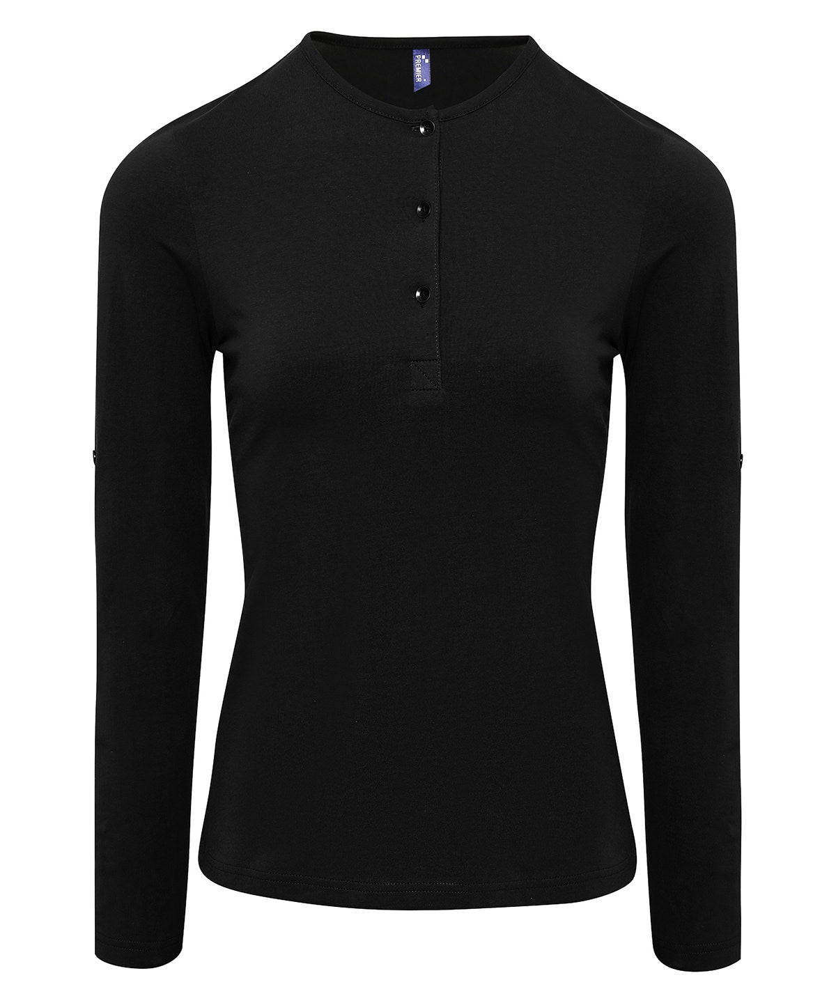 Tryck din logga på T-shirts från Premier - Anpassa Roll Sleeve Tee - Dam i färgen Svart för företag, föreningar och privatpersoner