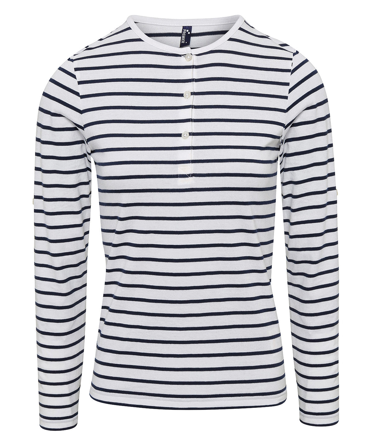Tryck din logga på T-shirts från Premier - Anpassa Roll Sleeve Tee - Dam i färgen Randigt för företag, föreningar och privatpersoner