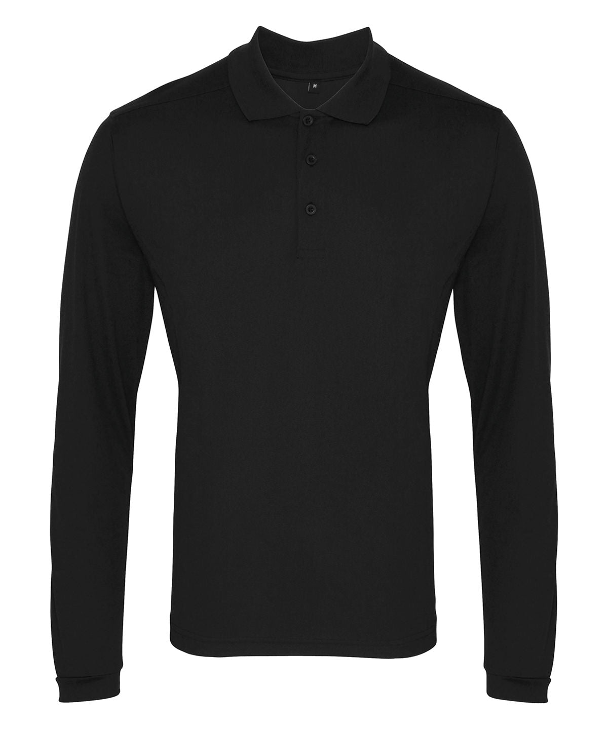 Tryck din logga på Piké från Premier - Anpassa Long Sleeve Coolchecker Polo - Herr i färgen Svart för företag, föreningar och privatpersoner