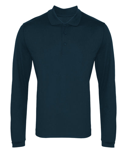Tryck din logga på Piké från Premier - Anpassa Long Sleeve Coolchecker Polo - Herr i färgen Marinblå för företag, föreningar och privatpersoner