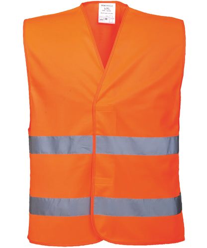 Tryck din logga på Skyddsvästar från Portwest - Anpassa Hi-vis tvåbandsväst i färgen Mellan Orange för företag, föreningar och privatpersoner