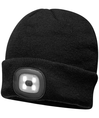 Tryck din logga på Mössor från Portwest - Anpassa Beanie LED-strålkastare USB-uppladdningsbar i färgen Svart One Size för företag, föreningar och privatpersoner