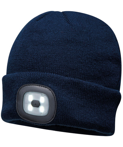 Tryck din logga på Mössor från Portwest - Anpassa Beanie LED-strålkastare USB-uppladdningsbar i färgen Marinblå One Size för företag, föreningar och privatpersoner