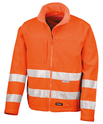 Tryck din logga på Softshelljackor från Result Safeguard - Anpassa Softshelljacka med hög synlighet i färgen Neon orange för företag, föreningar och privatpersoner
