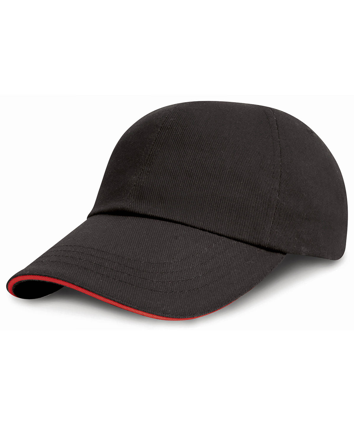 Tryck din logga på Kepsar från Result Headwear - Anpassa Junior keps med låg profil i kraftig borstad bomull med sandwichskärm i färgen Svart One Size för företag, föreningar och privatpersoner