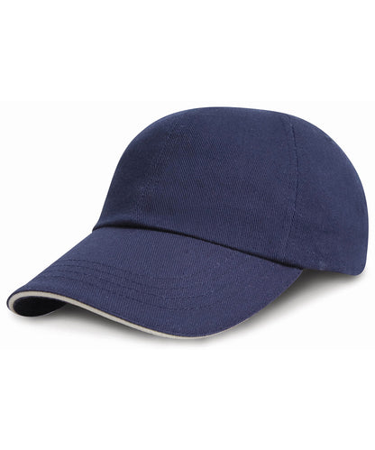 Tryck din logga på Kepsar från Result Headwear - Anpassa Junior keps med låg profil i kraftig borstad bomull med sandwichskärm i färgen Marinblå One Size för företag, föreningar och privatpersoner