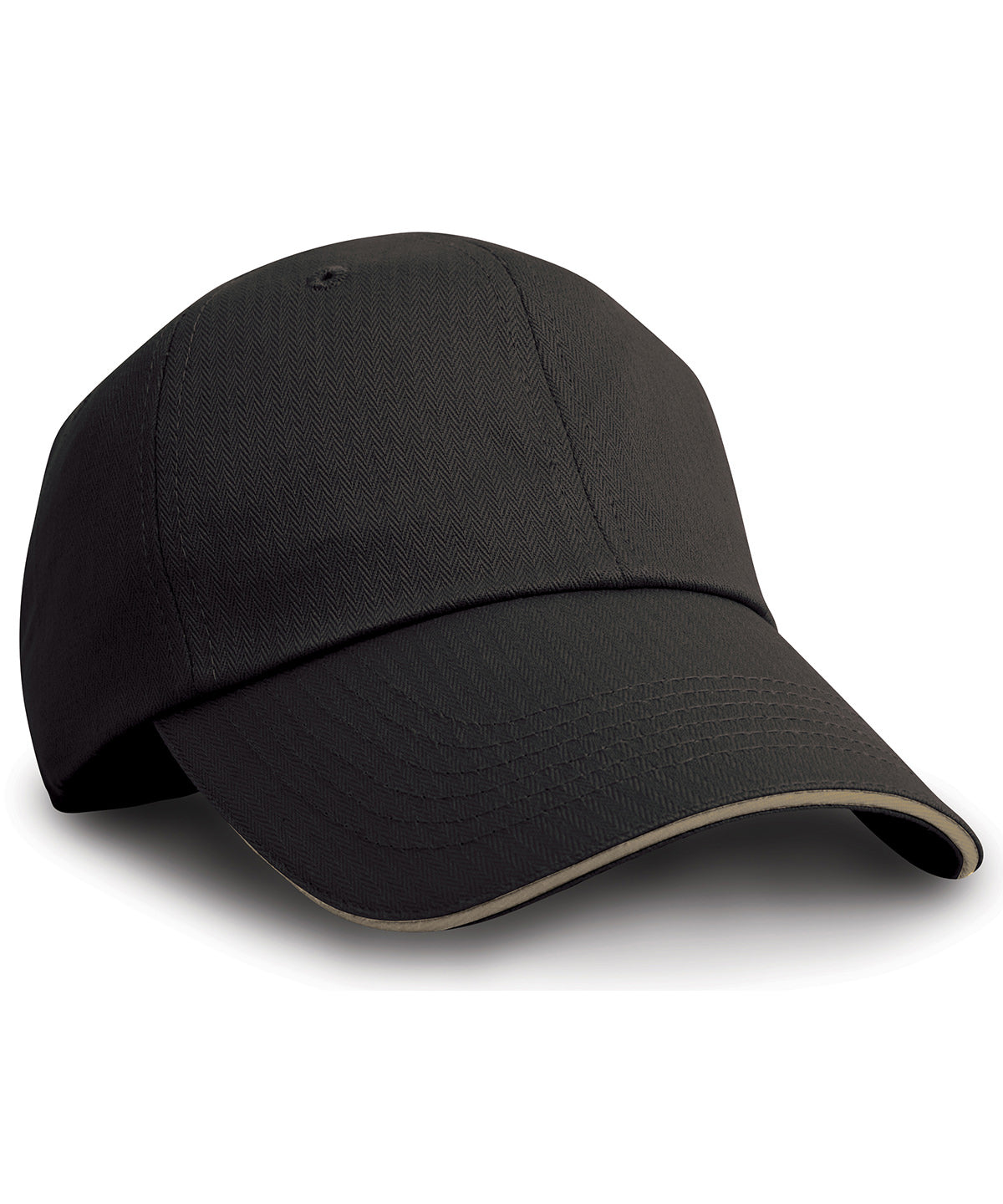 Tryck din logga på Kepsar från Result Headwear - Anpassa Fiskbensmönstrad keps med sandwichskärm i färgen Svart One Size för företag, föreningar och privatpersoner