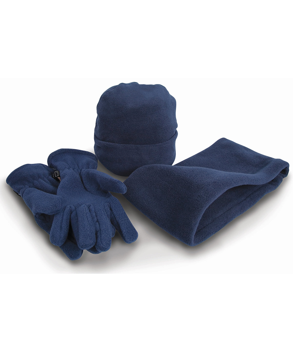 Tryck din logga på Vintertillbehörssatser från Result Winter Essentials - Anpassa Tillbehörsset i Polartherm fleece i färgen Marinblå för företag, föreningar och privatpersoner
