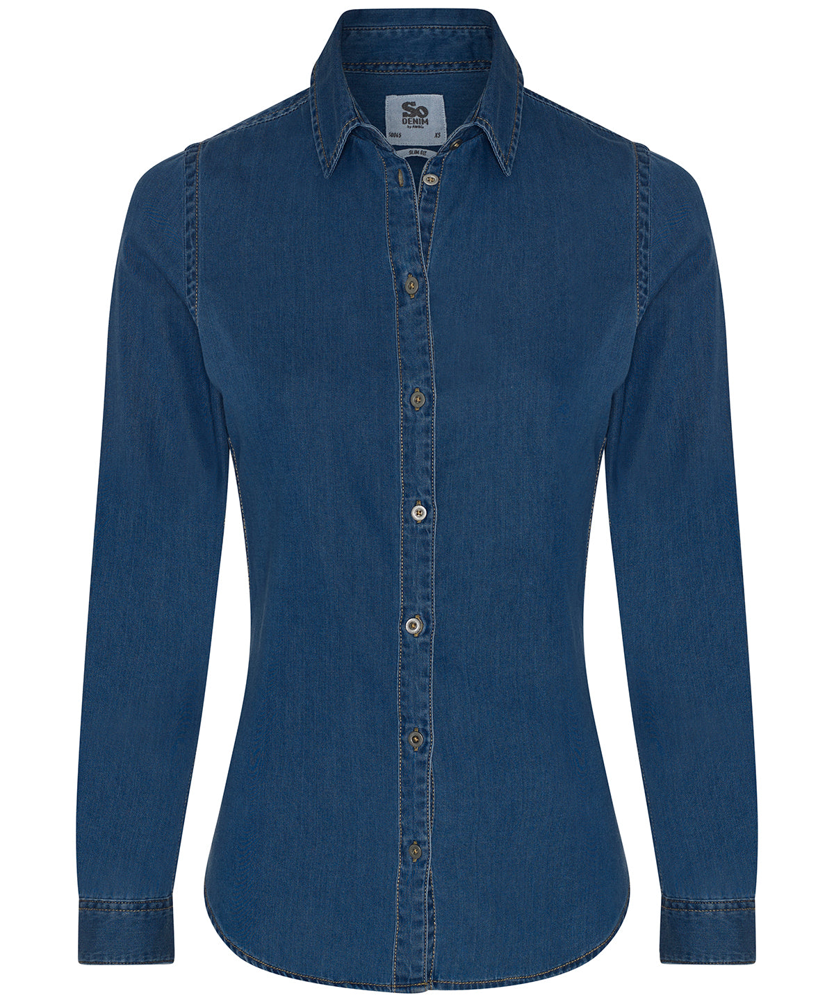 Tryck din logga på Skjortor från AWDis So Denim - Anpassa Dam Lucy denimskjorta i färgen Mörkblå för företag, föreningar och privatpersoner