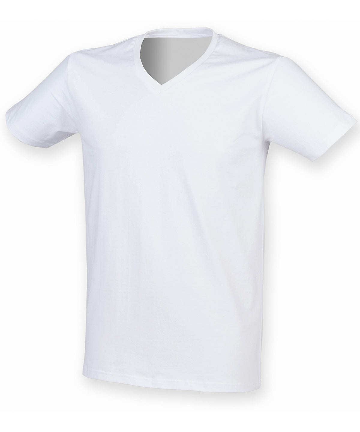 Tryck din logga på T-shirts från SF - Anpassa Herr T-shirt med V-hals i stretch i färgen Vit för företag, föreningar och privatpersoner