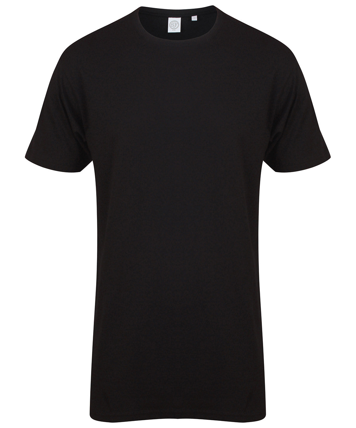 Tryck din logga på T-shirts från SF - Anpassa Extra lång T-shirt med avfasad fåll - Herr i färgen Svart för företag, föreningar och privatpersoner