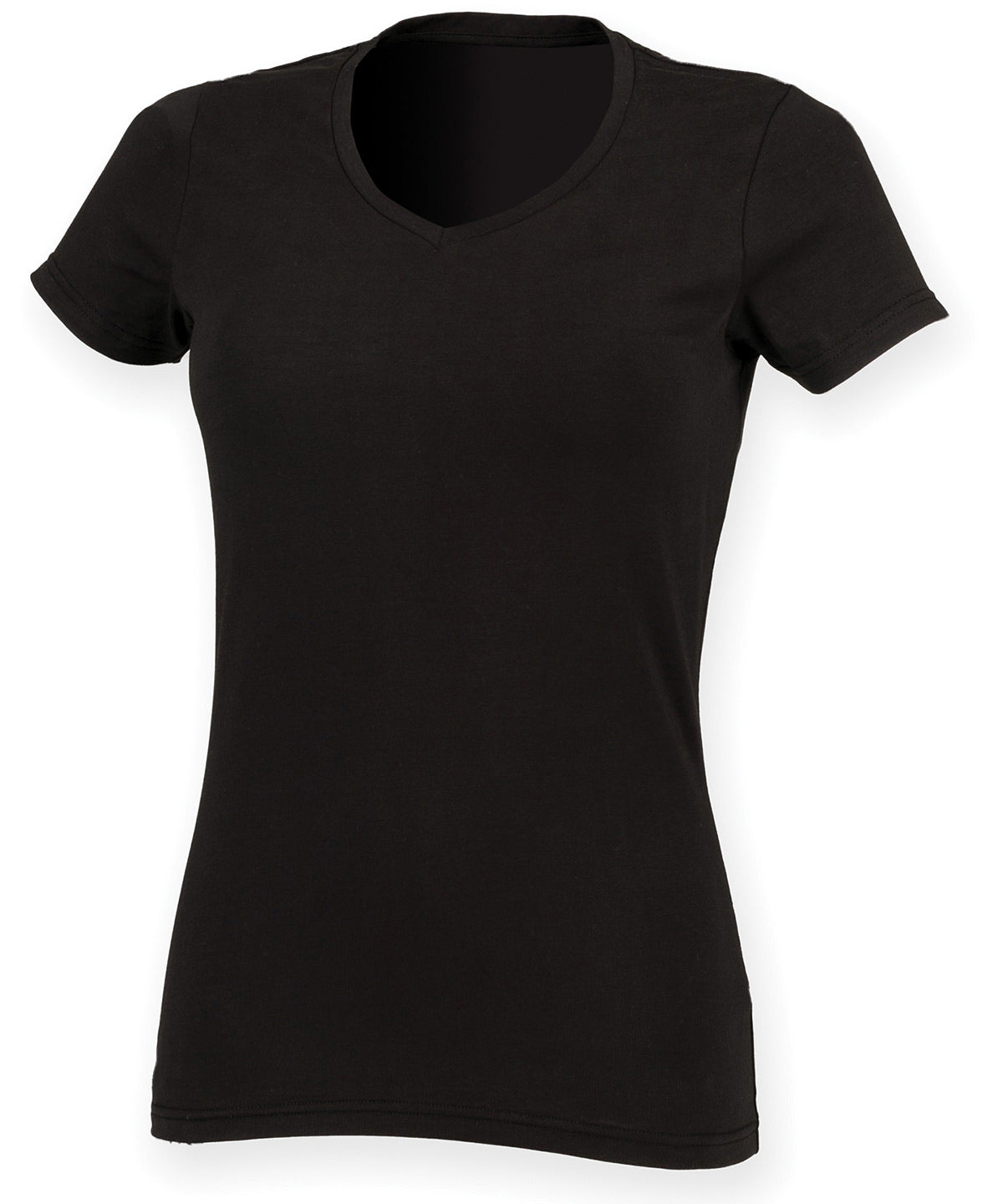 Tryck din logga på T-shirts från SF - Anpassa Feel Good V-neck Stretch T-shirt – Dam i färgen Svart för företag, föreningar och privatpersoner