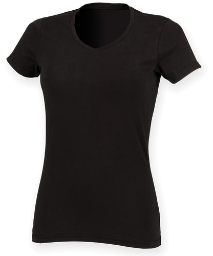 Tryck din logga på T-shirts från SF - Anpassa Feel Good V-neck Stretch T-shirt – Dam i färgen Svart för företag, föreningar och privatpersoner