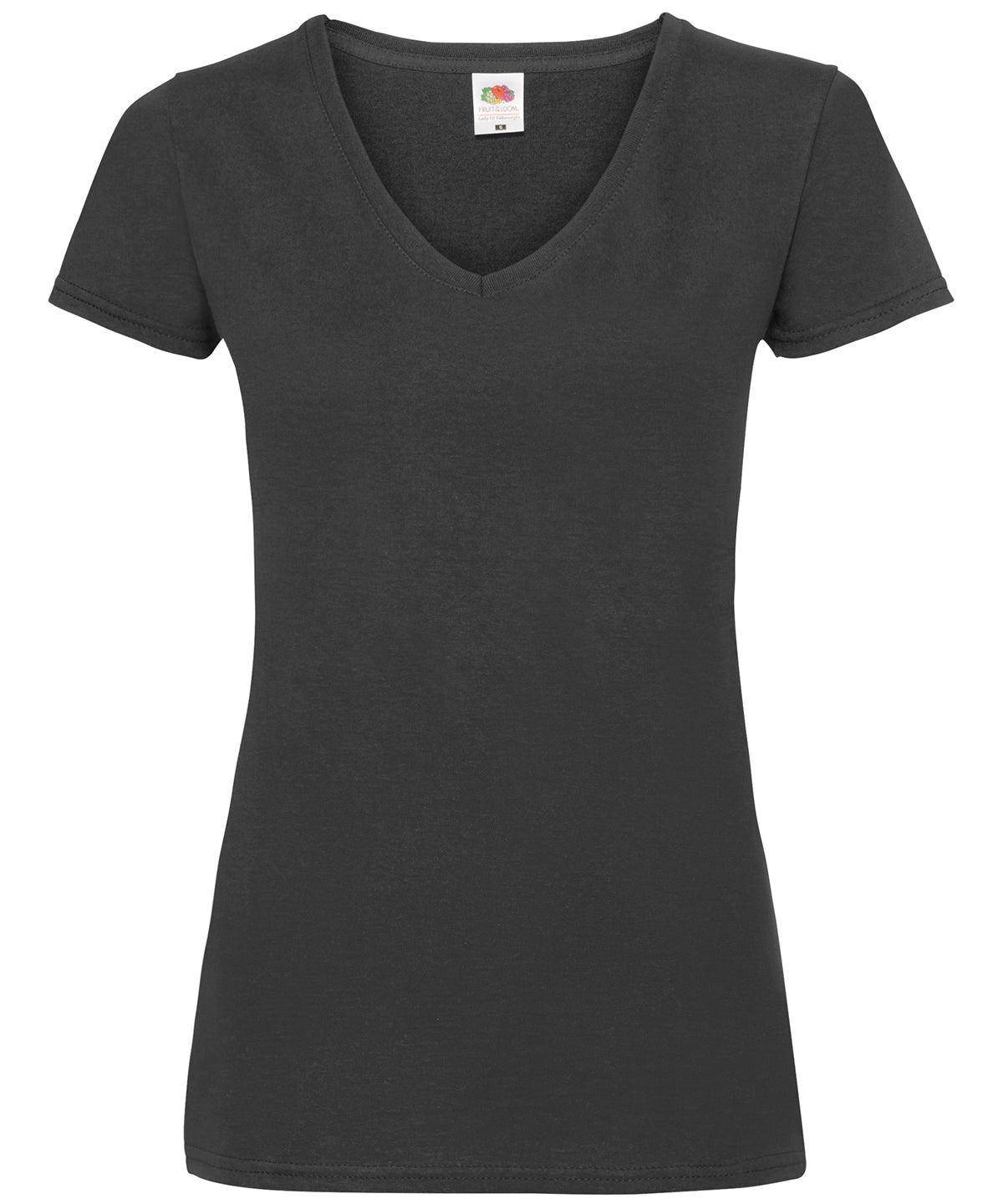 Tryck din logga på T-shirts från Fruit of the Loom - Anpassa Valueweight V-ringad T-shirt -Dam i färgen Svart för företag, föreningar och privatpersoner