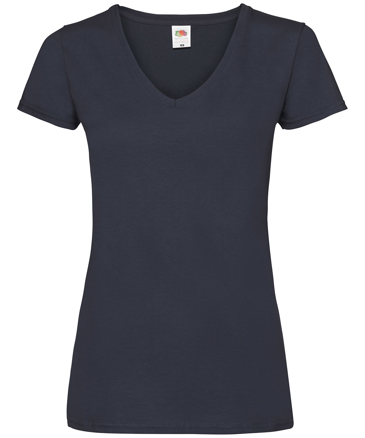 Tryck din logga på T-shirts från Fruit of the Loom - Anpassa Valueweight V-ringad T-shirt -Dam i färgen Marinblå för företag, föreningar och privatpersoner