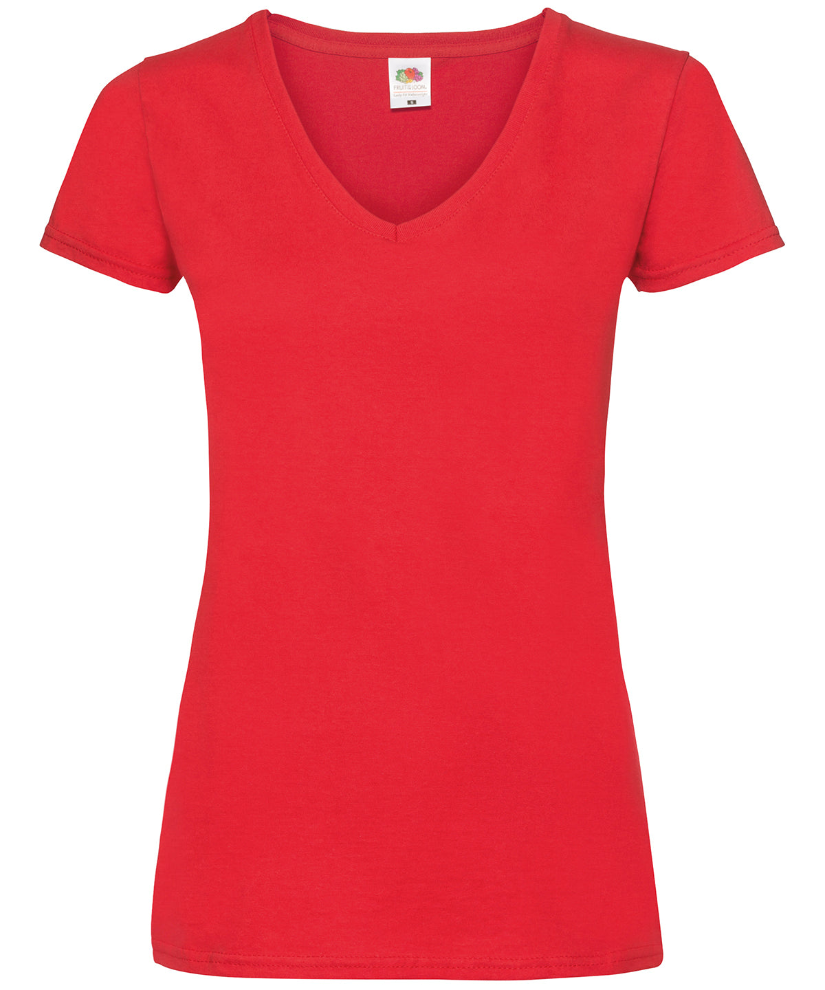 Tryck din logga på T-shirts från Fruit of the Loom - Anpassa Valueweight V-ringad T-shirt -Dam i färgen Mellan röd för företag, föreningar och privatpersoner
