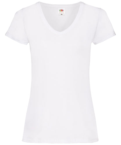 Tryck din logga på T-shirts från Fruit of the Loom - Anpassa Valueweight V-ringad T-shirt -Dam i färgen Vit för företag, föreningar och privatpersoner