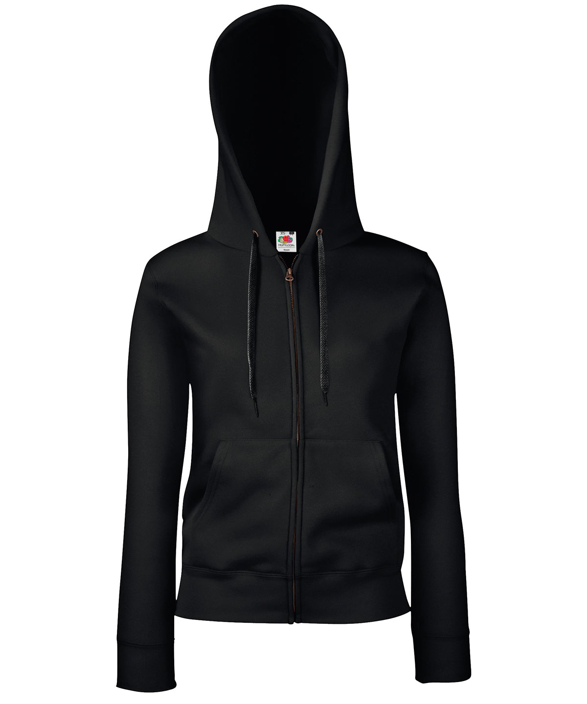 Tryck din logga på Hoodies från Fruit of the Loom - Anpassa Fruit Of The Loom - Premium 70/30 Hoodie för damer i färgen Svart för företag, föreningar och privatpersoner