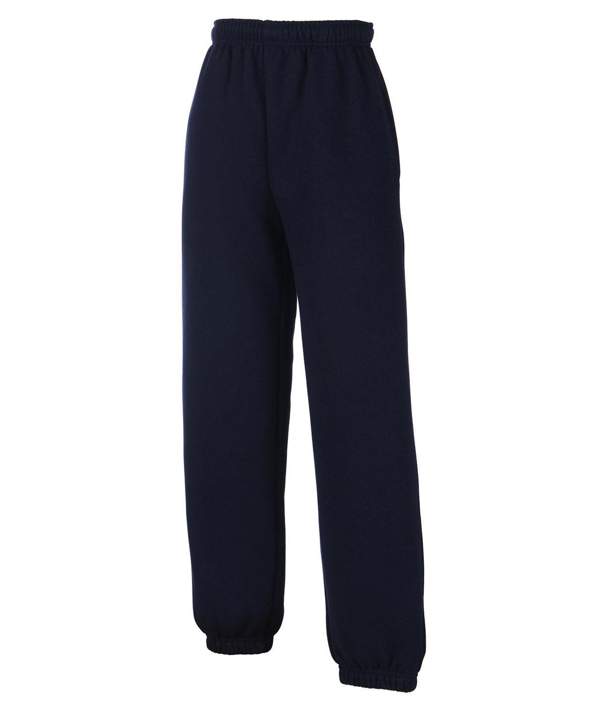 Tryck din logga på Mjukisbyxor från Fruit of the Loom - Anpassa Premium joggingbyxor med resår i ärmslut för barn i färgen Marinblå för företag, föreningar och privatpersoner