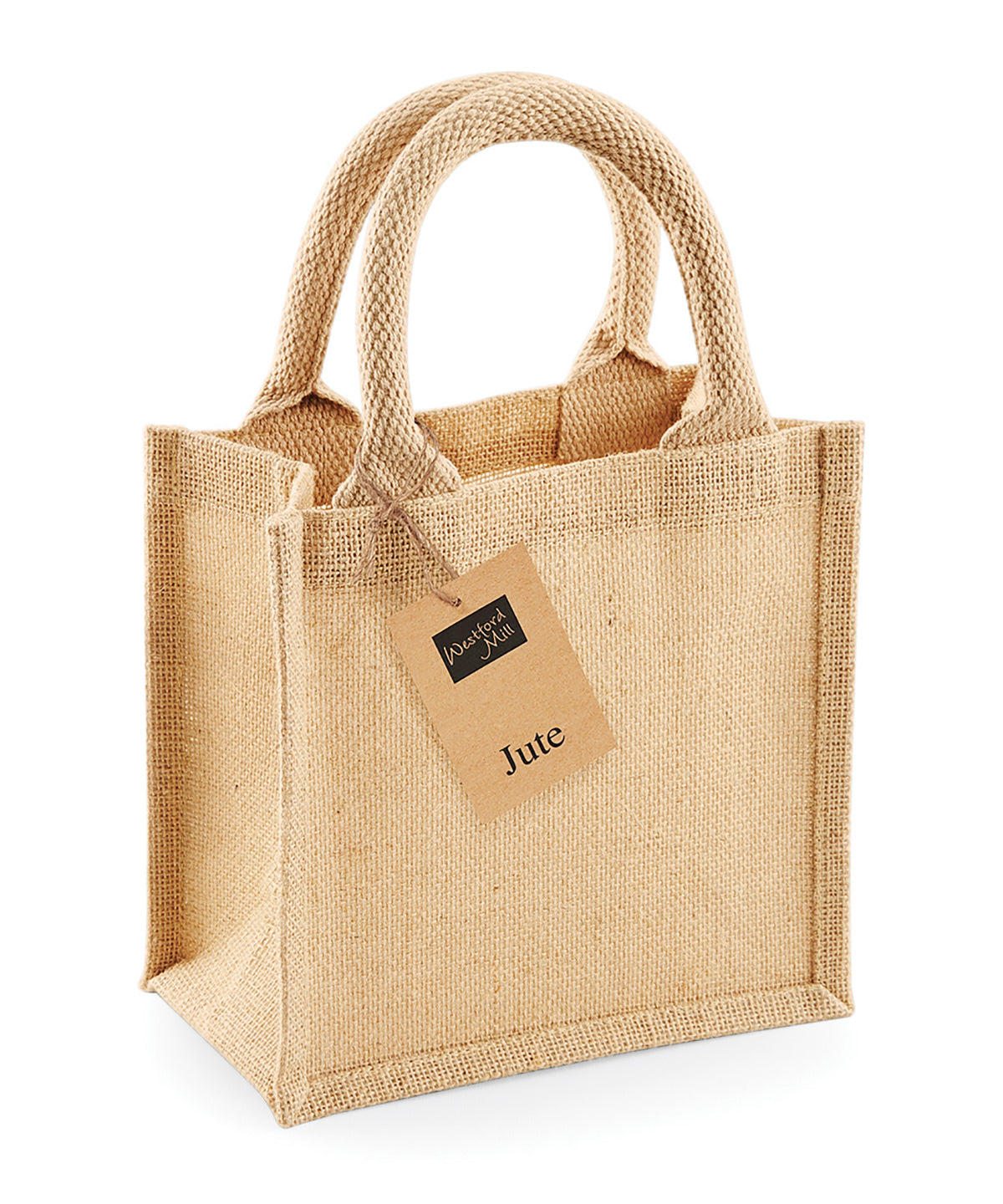 Tryck din logga på Väskor från Westford Mill - Anpassa Jute Mini Gift Bag i färgen Naturligt One Size för företag, föreningar och privatpersoner