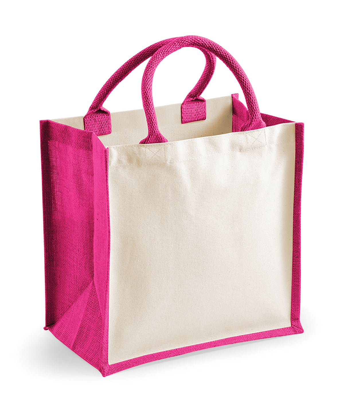 Tryck din logga på Väskor från Westford Mill - Anpassa Printers Jute Midi Tote i färgen Fuchsia One Size för företag, föreningar och privatpersoner
