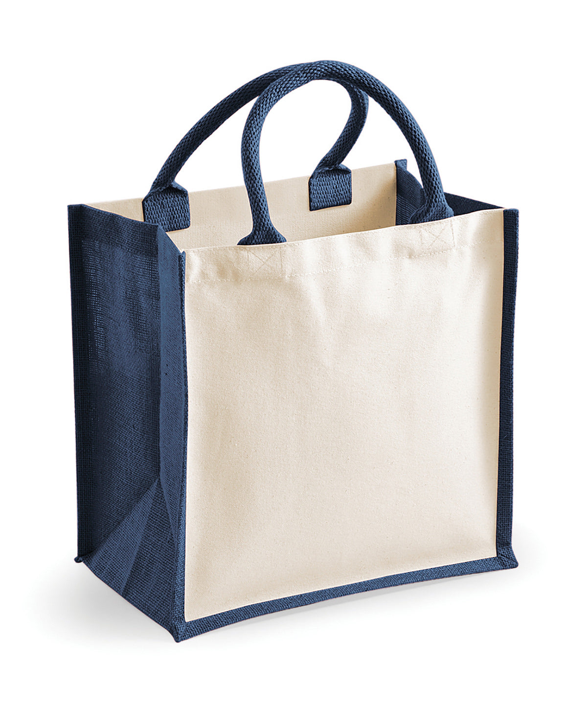 Tryck din logga på Väskor från Westford Mill - Anpassa Printers Jute Midi Tote i färgen Marinblå One Size för företag, föreningar och privatpersoner